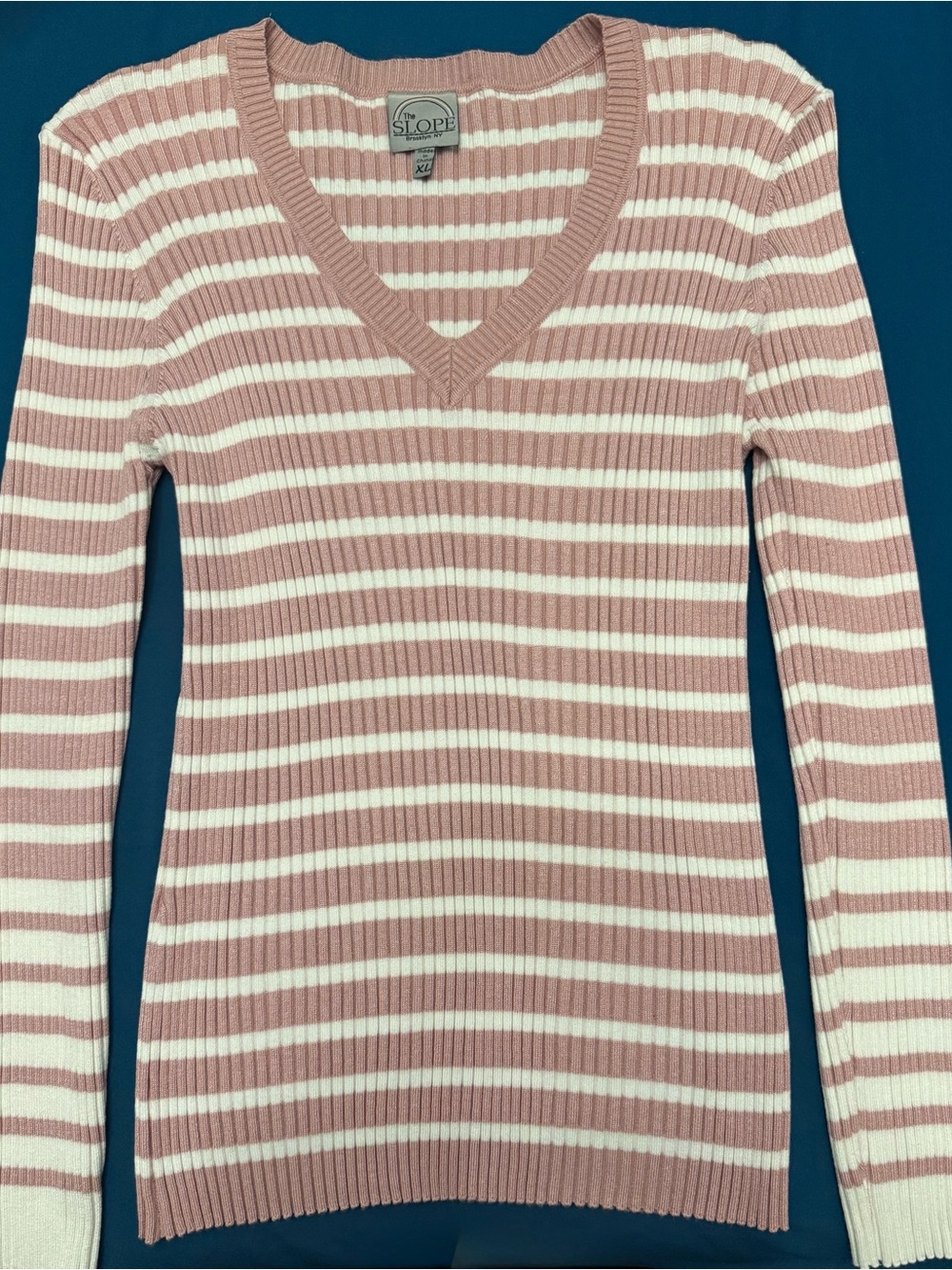 Sloane Striped V-Neck Sweater in Blush Pink & White